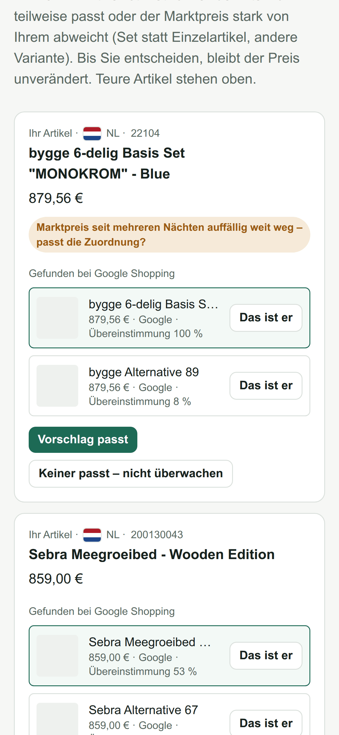 Prüfliste mit Artikel und gefundenem Google-Shopping-Produkt