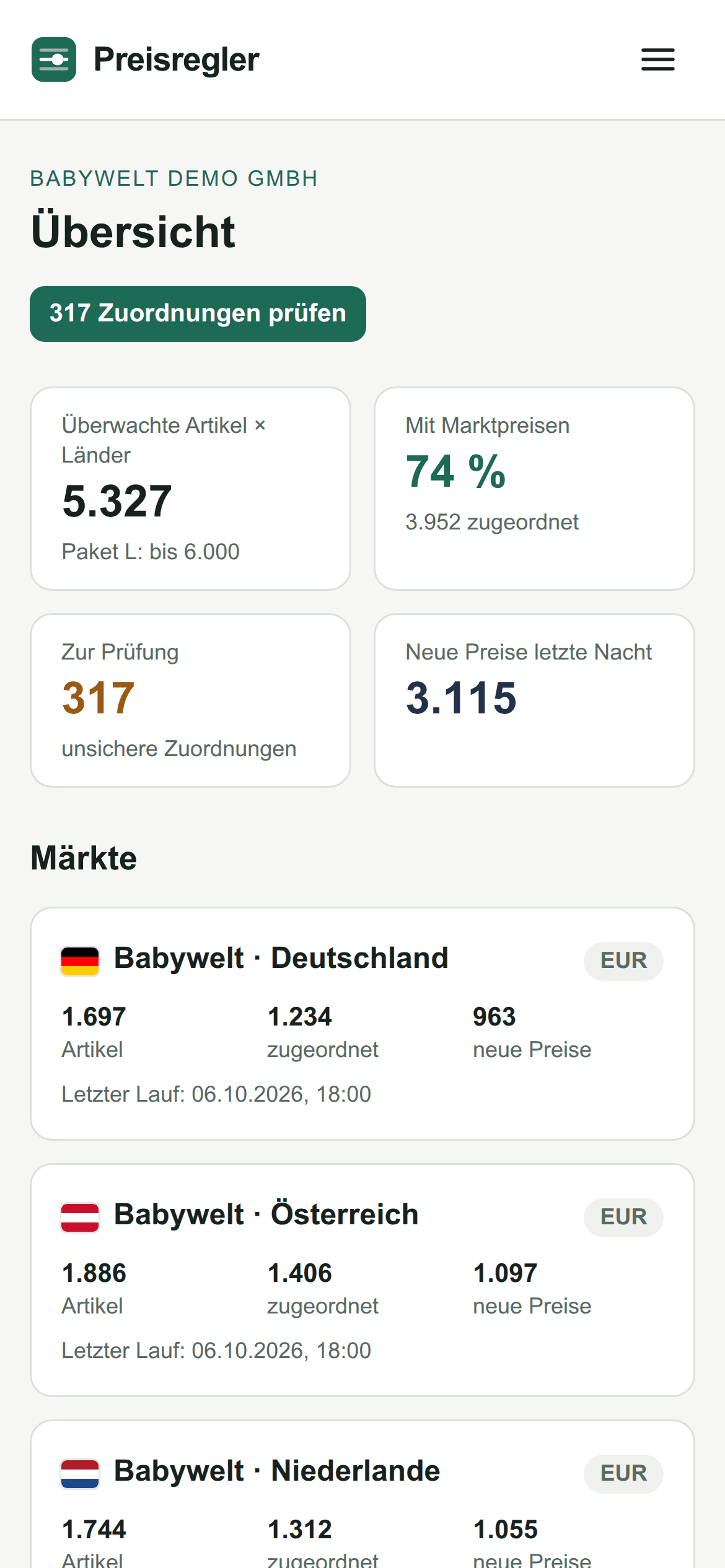 Preisregler-Übersicht mit neuen Preisen der letzten Nacht