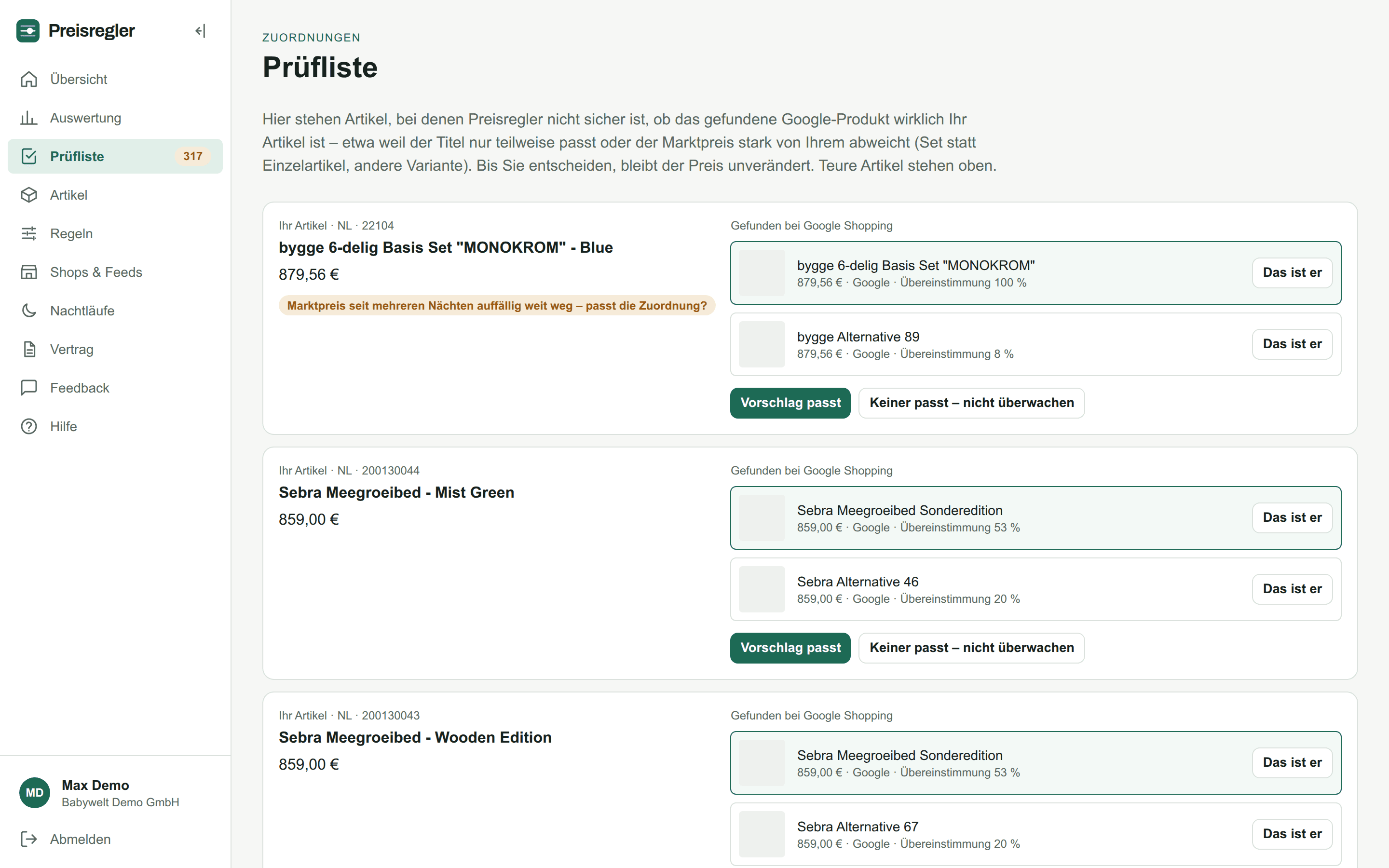 Prüfliste mit Artikel und gefundenem Google-Shopping-Produkt